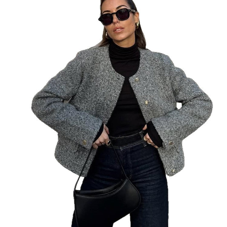 Women's Boxy Wool Blend Boucle Jacket in Peacoat Style with Round Neckline & Gold Decorative Buttons EVA-US