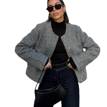 Women's Boxy Wool Blend Boucle Jacket in Peacoat Style with Round Neckline & Gold Decorative Buttons EVA-US