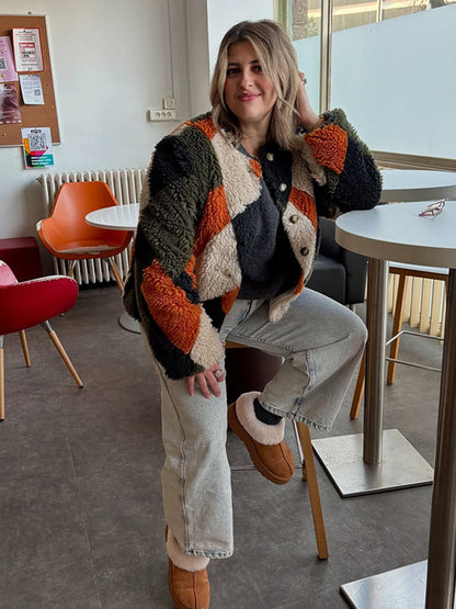 Women Short-Cut Patchwork Teddy Jacket with Textured Loop Fiber and Snap Button Placket EVA-US