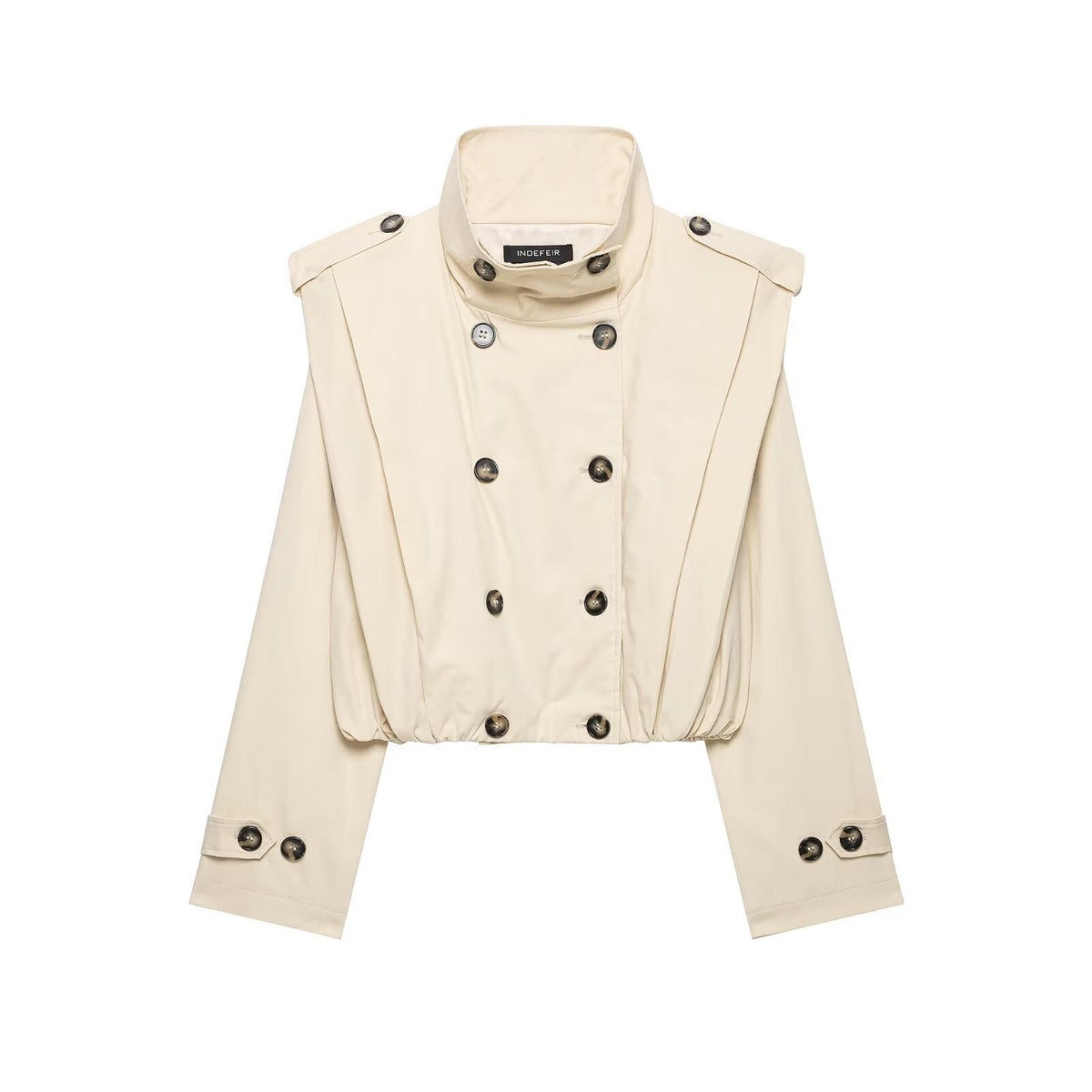 Women's Cropped Trench Coat in Cape Look with Double-Breasted Button Placket and High Stand Collar EVA-US