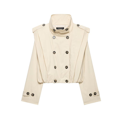 Women's Cropped Trench Coat in Cape Look with Double-Breasted Button Placket and High Stand Collar EVA-US