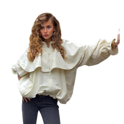 Women's oversized jacket with cape collar, balloon sleeves, and drawstring EVA-US