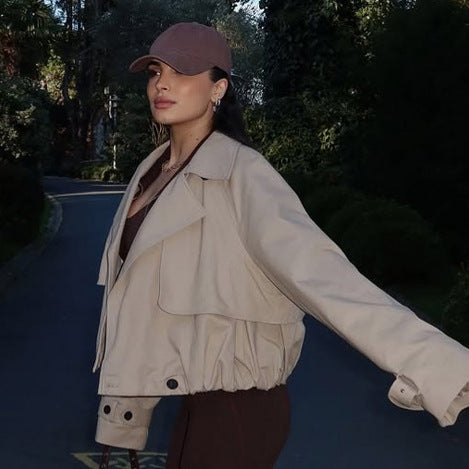 Women's Lightweight Cropped Transition Jacket in Utility Style with Shirt Collar and Drawstring Hood