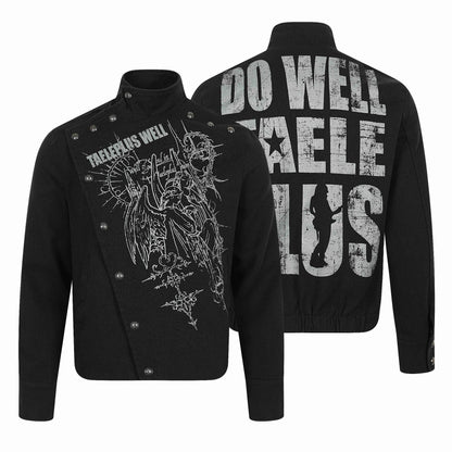 Men's Asymmetrical Blouson Jacket with Stand Collar, Metal Button Trim and Graphic Print EVA-US