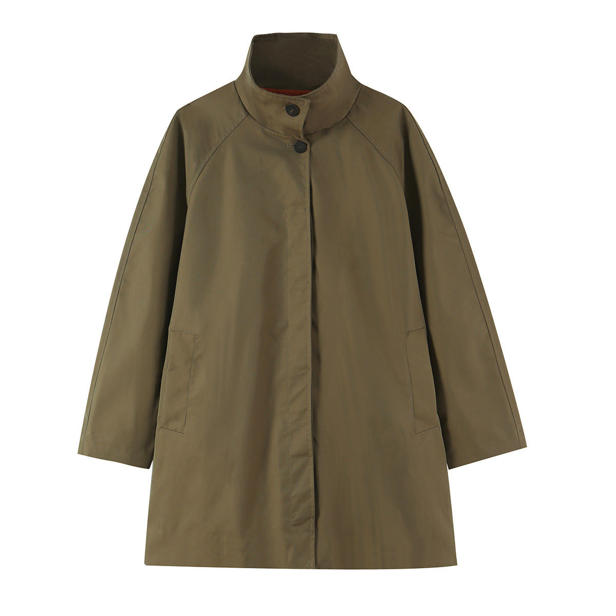 Women's Midi Length A-Line Transitional Coat with Stand-up Collar and Concealed Button Placket EVA-US