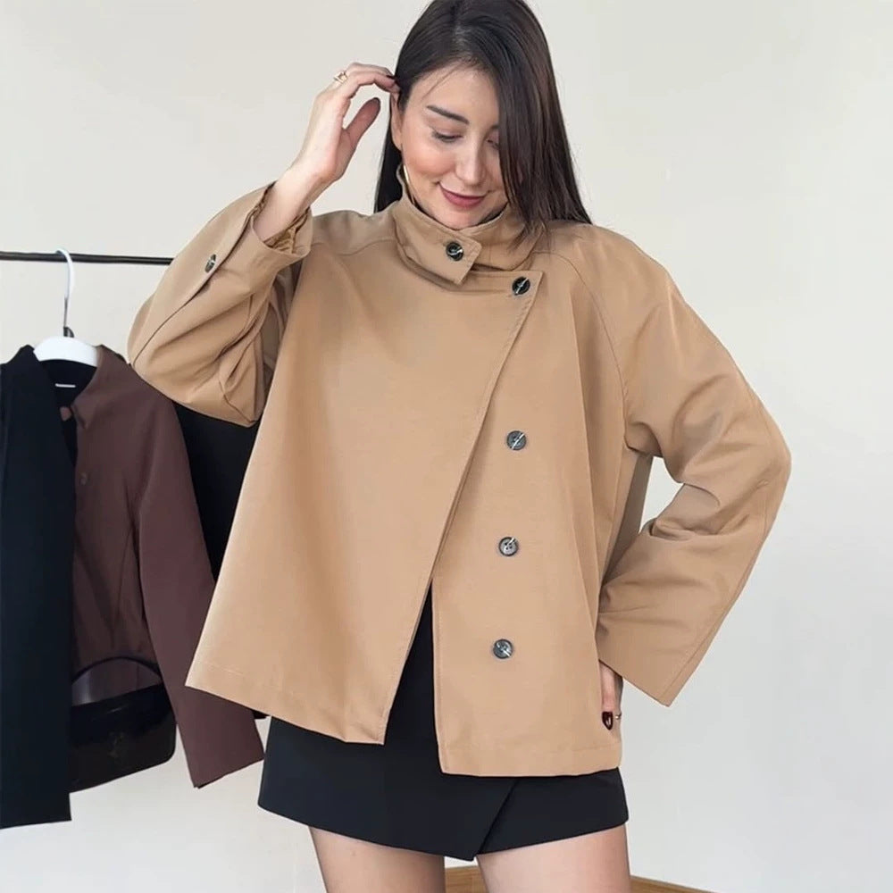 Women's short A-line coat jacket with stand-up collar and asymmetrical button placket EVA-US