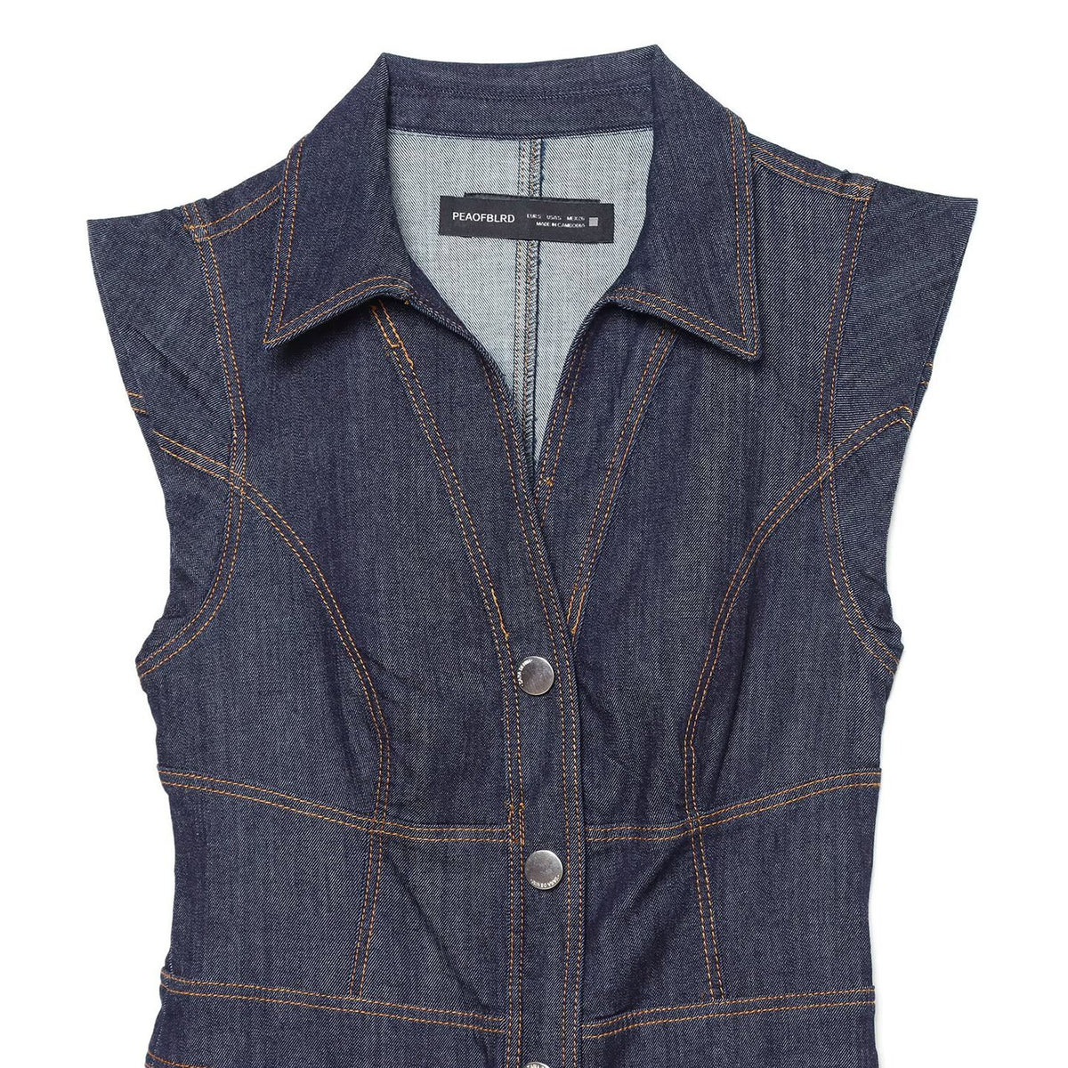 Women's Sleeveless Denim Maxi Dress with Shirt Collar, Tailored Silhouette and Continuous Snap Button Placket EVA-US