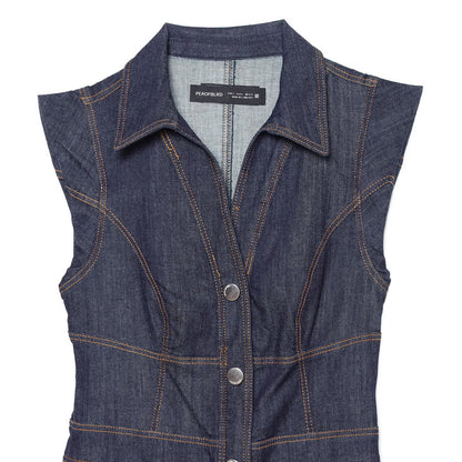 Women's Sleeveless Denim Maxi Dress with Shirt Collar, Tailored Silhouette and Continuous Snap Button Placket EVA-US