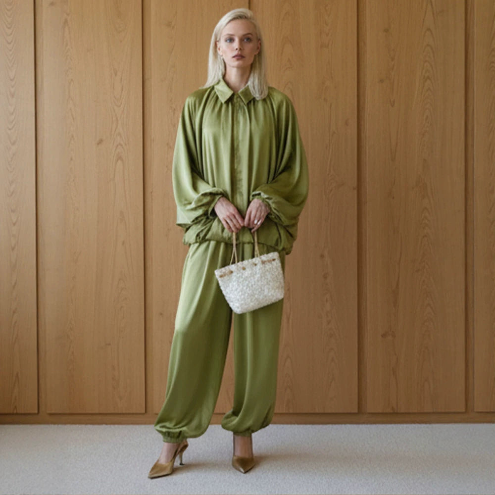 Women Elegant Satin Two-Piece Set with Oversize Blouse and Wide Palazzo Pants EVA-US