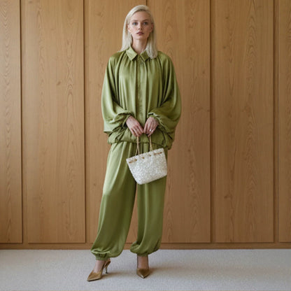Women Elegant Satin Two-Piece Set with Oversize Blouse and Wide Palazzo Pants EVA-US