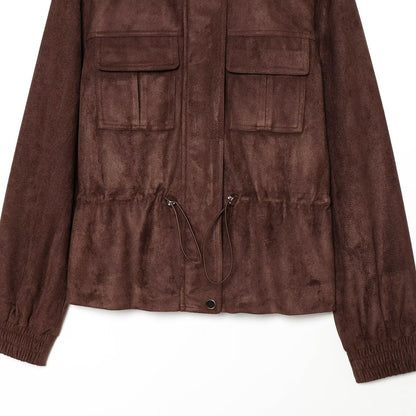 Ladies short jacket in field style made of suede leather look with stand-up collar, chest pockets, and drawstring EVA-US