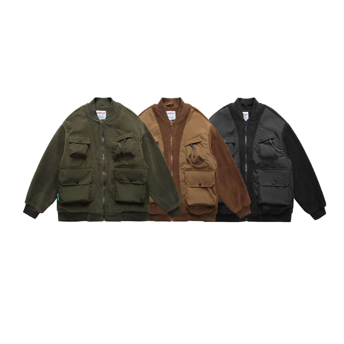 Men's Teddy Fleece Bomber Jacket with Utility Pockets and Nylon Inserts EVA-US