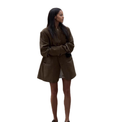 Ladies Oversize Wool Blend Coat Blazer with Boxy Silhouette and Flap Pockets EVA-US