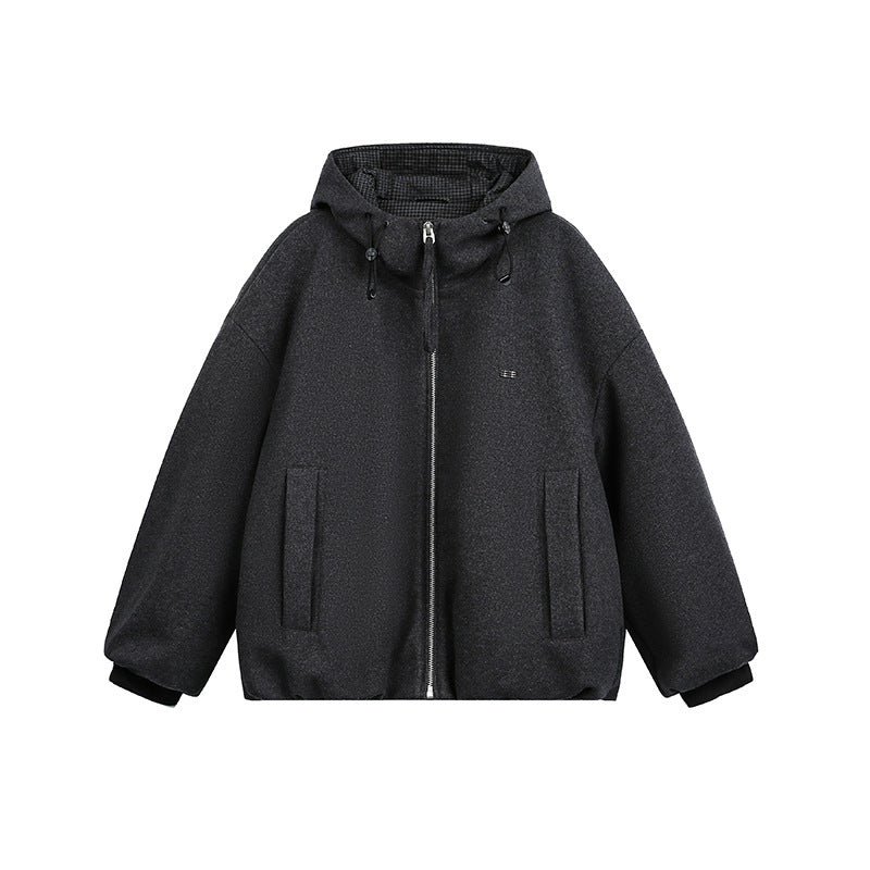 Men's Loose-Fitting Padded Wool Blend Hooded Jacket with Zip and Drawstring EVA-US