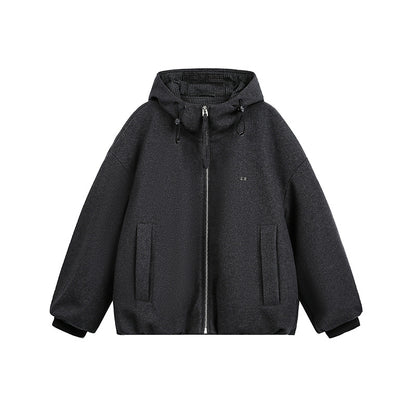 Men's Loose-Fitting Padded Wool Blend Hooded Jacket with Zip and Drawstring EVA-US