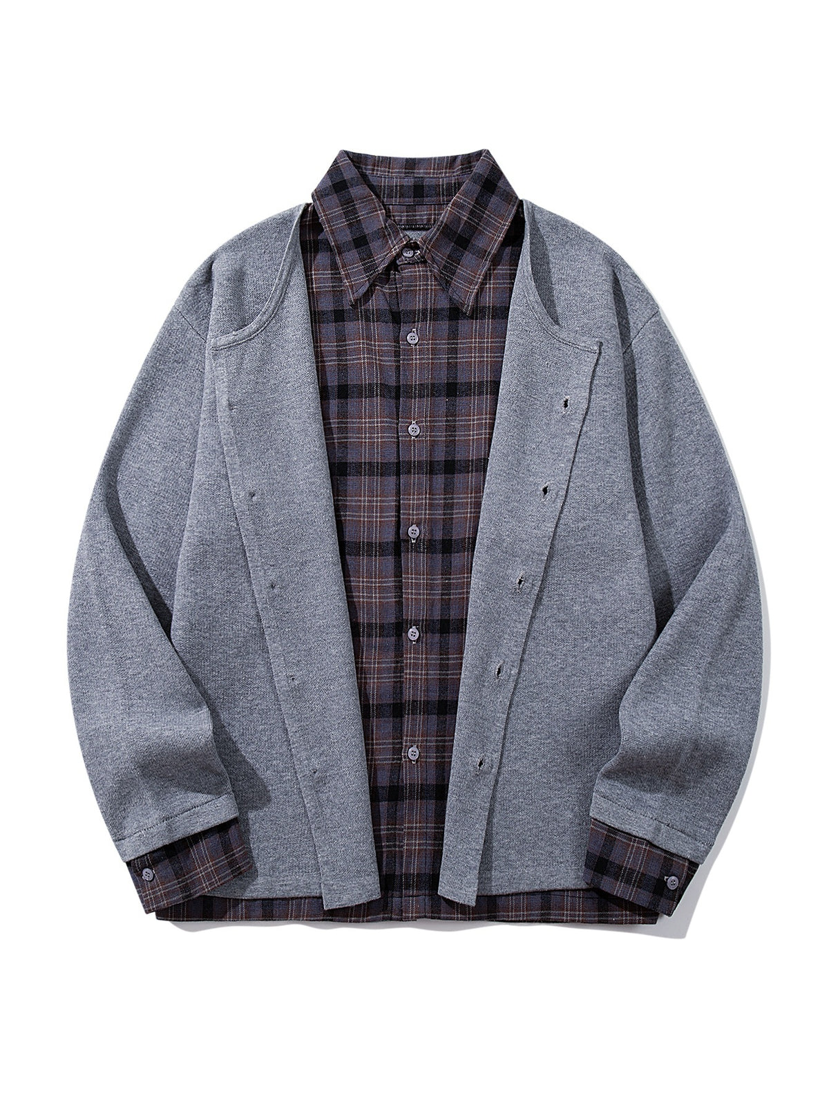 Men's Checked Flannel Shirt Layer with Open Knit Cardigan EVA-US
