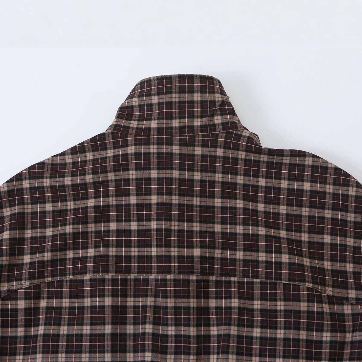 Women's Checkered Cropped Jacket with Stand-up Collar, Drawstring Hem and Pockets EVA-US