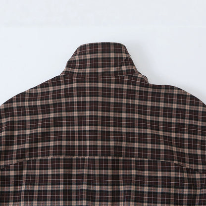 Women's Checkered Cropped Jacket with Stand-up Collar, Drawstring Hem and Pockets EVA-US