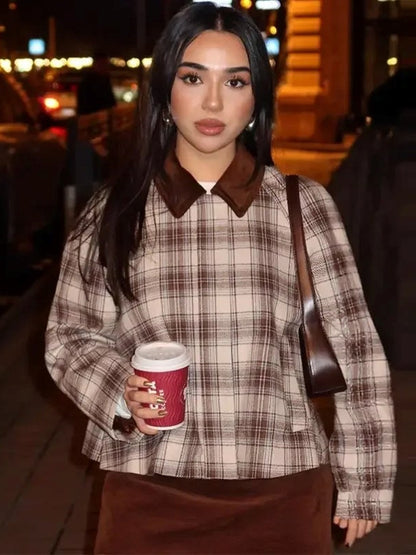 Women Boxy Check Transitional Blouse with Contrasting Shirt Collar EVA-US