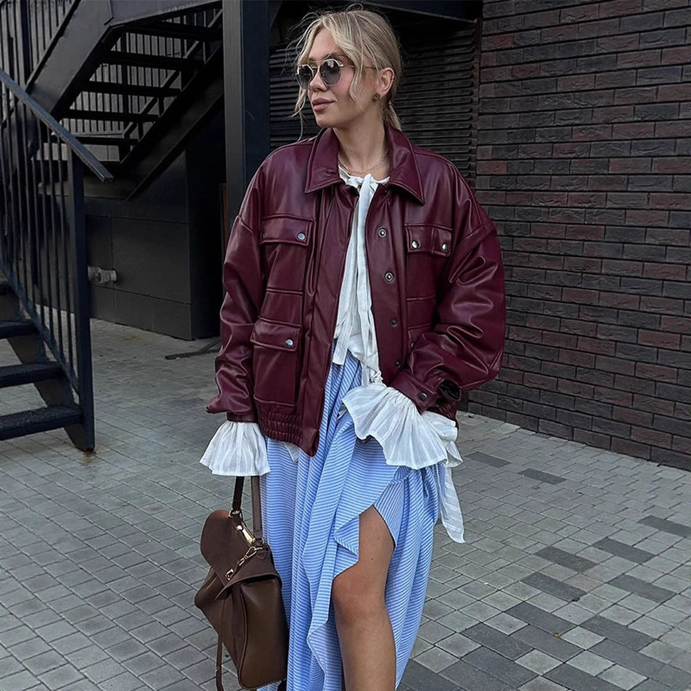 Women Oversize Faux Leather Jacket with Snap Pockets and Elastic Hem EVA-US
