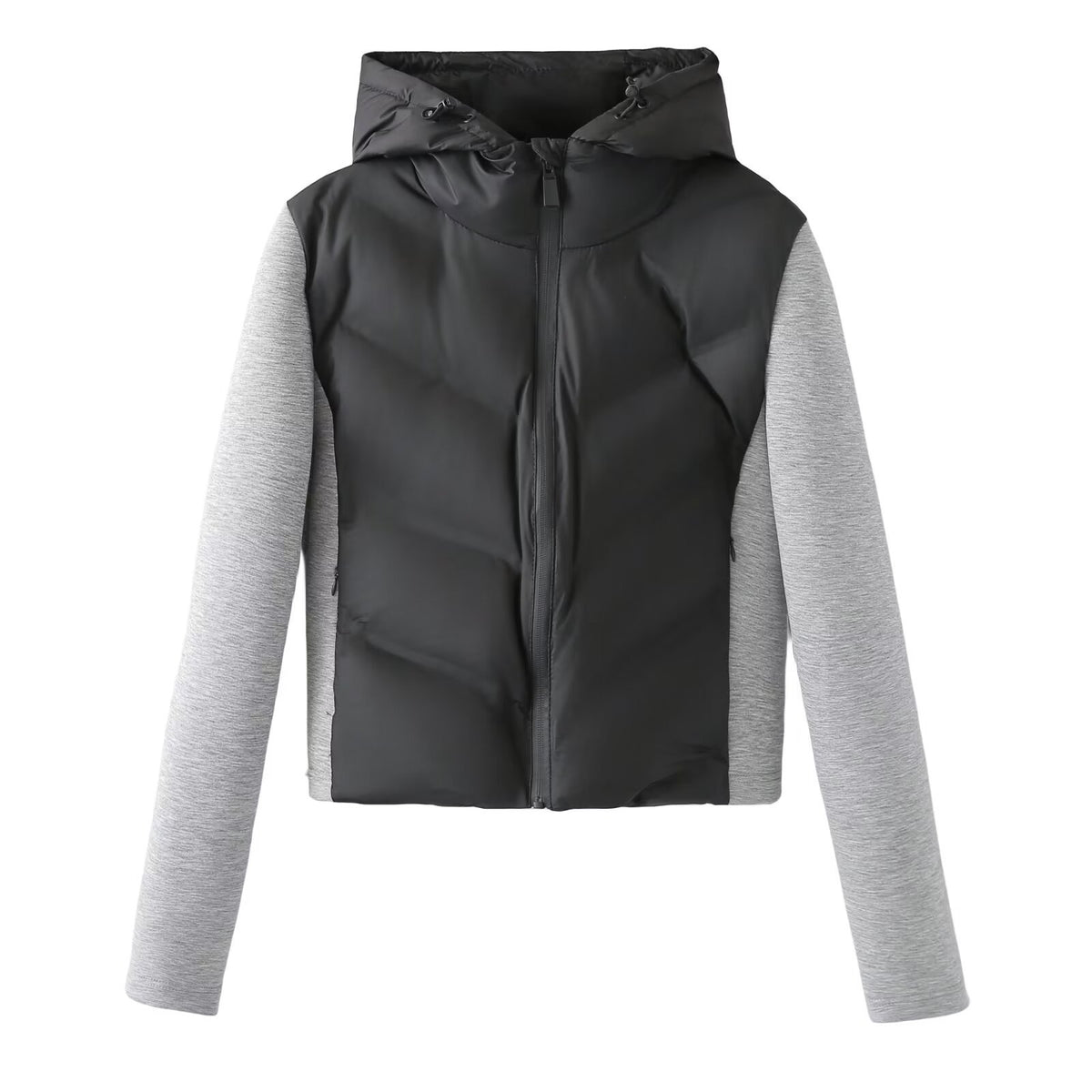 Ladies Hooded Hybrid Jacket with Quilted Front and Sweat Sleeves EVA-US