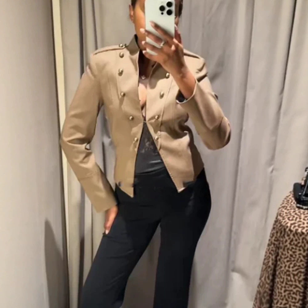 Ladies short blazer in military style with double-breasted decorative buttons EVA-US