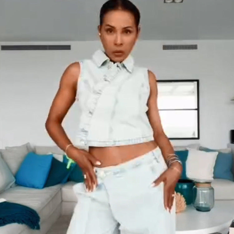 Women's Cropped Sleeveless Denim Set with Tailored Vest & Wide High-Waist Pants EVA-US