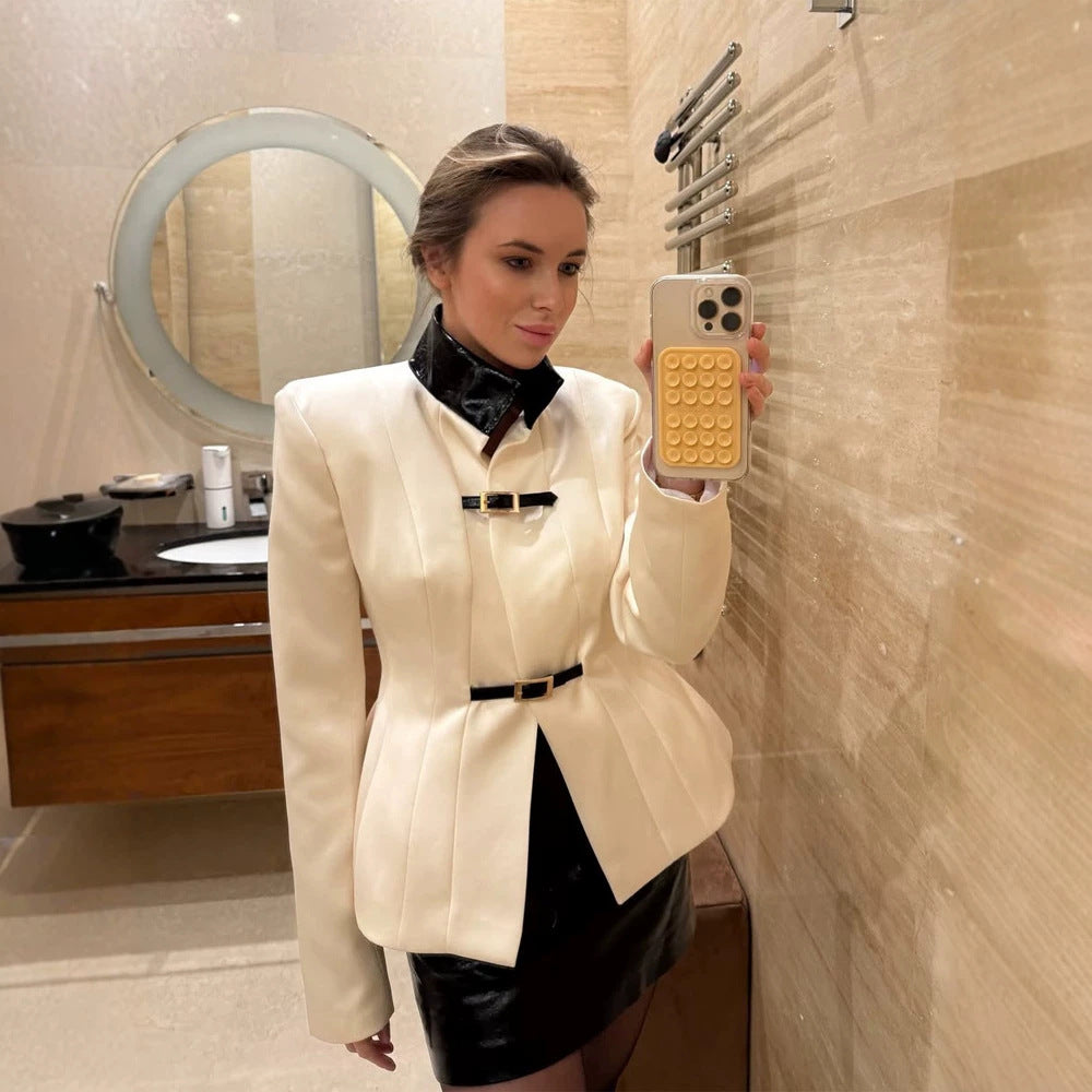 Women's Tailored Blazer with Stand-up Collar, Wiener Seams and Decorative Strap Closures EVA-US