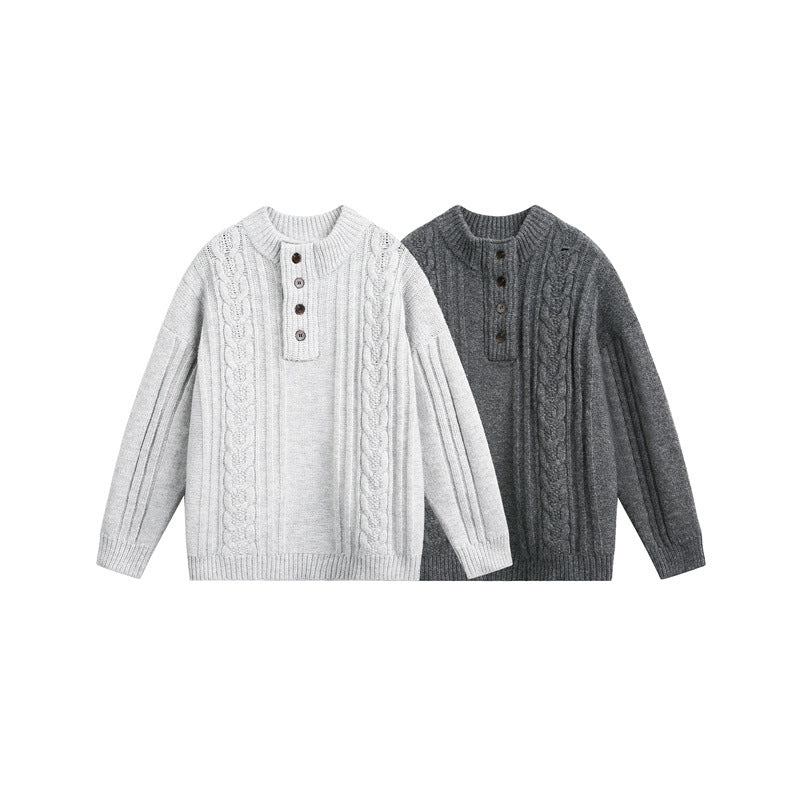 Women's Chunky Knit Cable Knit Sweater with Henley Placket and Stand-Up Collar EVA-US