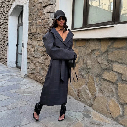 Women’s Oversize Wrap Coat with Wide Shawl Collar and Tying Belt EVA-US
