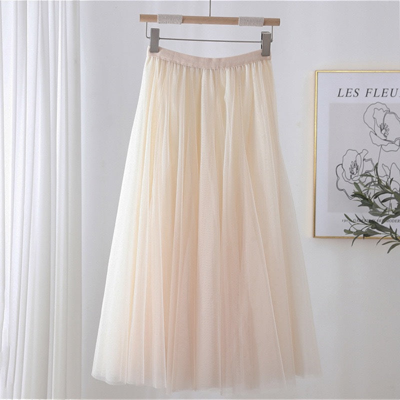 Women Tulle Skirt Layered Floor-Length A-Line Elastic Waistband