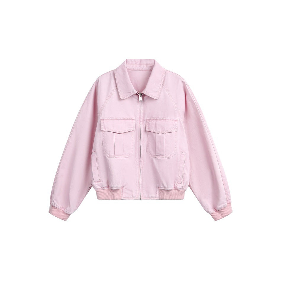 Women's cropped boxy bomber jacket made of cotton blend with flap pockets and full-length zipper EVA-US