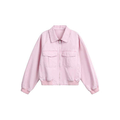 Women's cropped boxy bomber jacket made of cotton blend with flap pockets and full-length zipper EVA-US