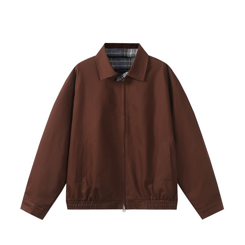 Unisex Short-Cut Boxy Blouson Jacket with Checked Stand Collar, Elastic Hem, and Two-Way Zipper EVA-US