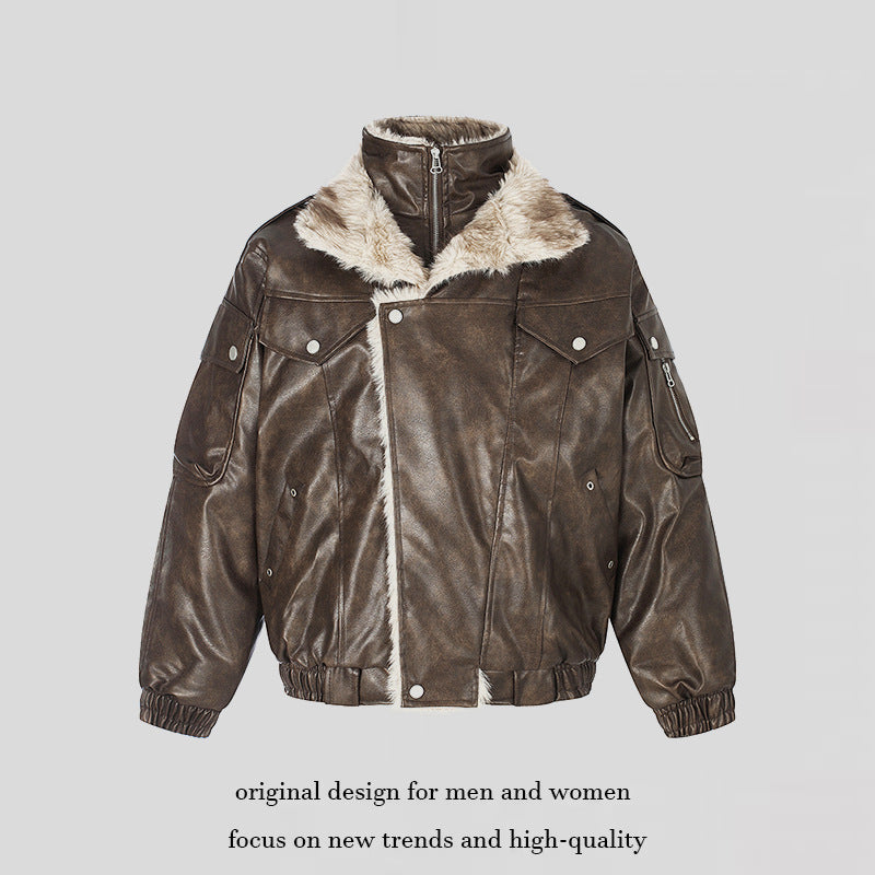Ladies Oversized Faux Leather Flight Jacket with Teddy Lining and Stand-up Collar EVA-US