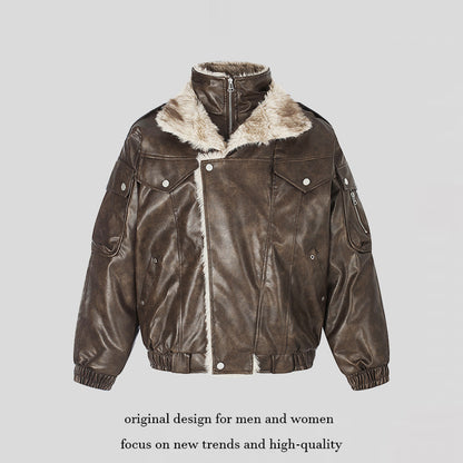 Ladies Oversized Faux Leather Flight Jacket with Teddy Lining and Stand-up Collar EVA-US