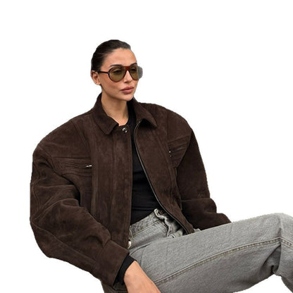 Women's Short Suede Bomber with Elastic Waist and Dropped Shoulder EVA-US