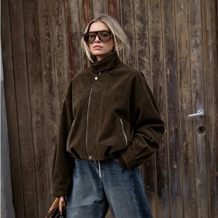 Women's Boxy Suede Bomber Jacket with High Stand Collar and Elastic Hem EVA-US