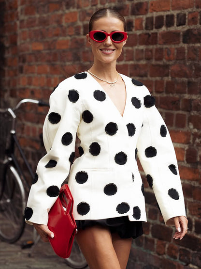 Women Tailored Blazer with Deep V-Neck, Voluminous Sleeves, and Polka Dot Applications EVA-US