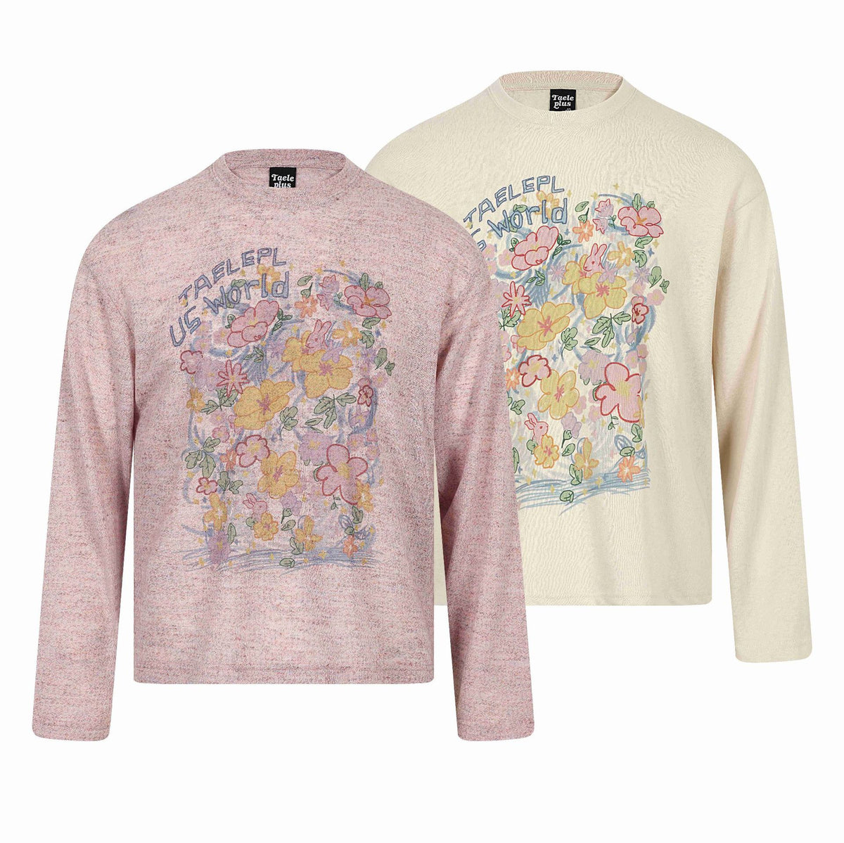 Unisex Relaxed-Fit Long Sleeve Shirt with Floral Illustration Graphic and Ribbed Round Neck EVA-US