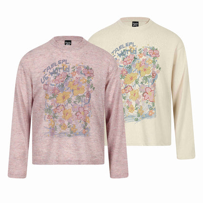 Unisex Relaxed-Fit Long Sleeve Shirt with Floral Illustration Graphic and Ribbed Round Neck EVA-US
