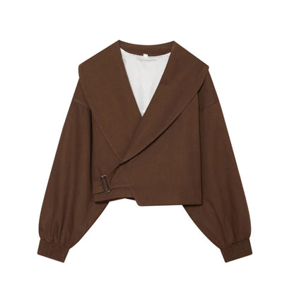 Women's short jacket with wide sailor collar, balloon sleeves, and asymmetrical buckle closure EVA-US