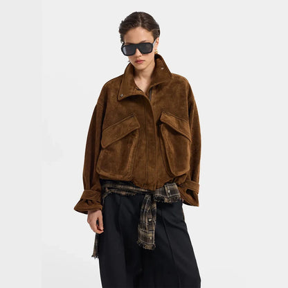 Women's Oversize Suede Blouson with Large Flap Pockets and Stand-Up Collar EVA-US