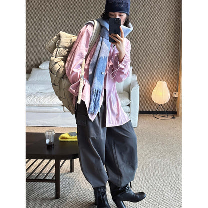 Women Oversized Shirt Blouse with Crinkle Look and Elastic Sleeve Cuffs EVA-US