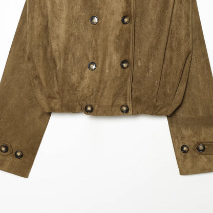 Women's Short Cut Double-Breasted Suede Look Jacket with Stand Collar and Epaulettes EVA-US