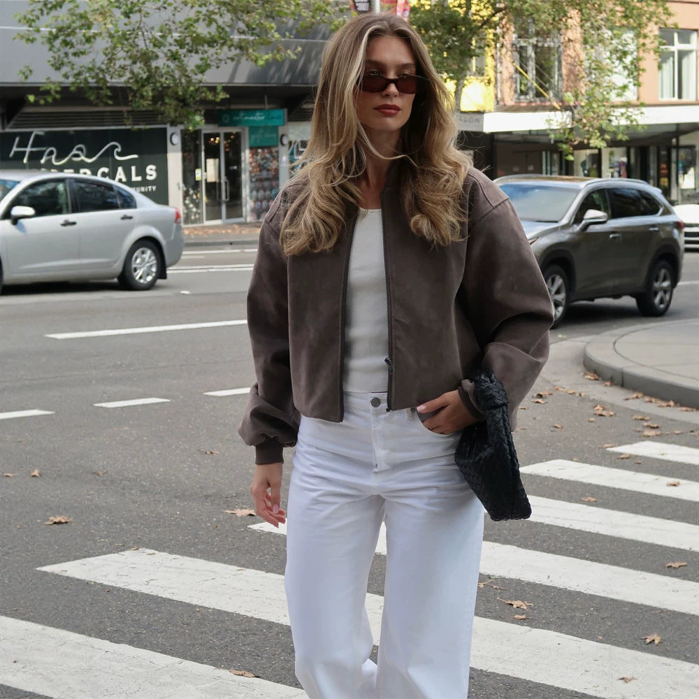 Women's Short Boxy Suede Bomber Jacket with Stand Collar and Ribbed Cuffs EVA-US