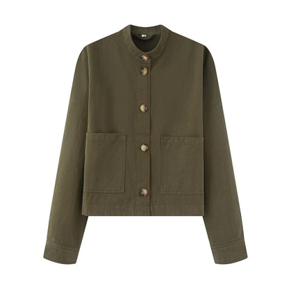 Women's short jacket with stand-up collar, boxy-cropped silhouette and patch pockets EVA-US