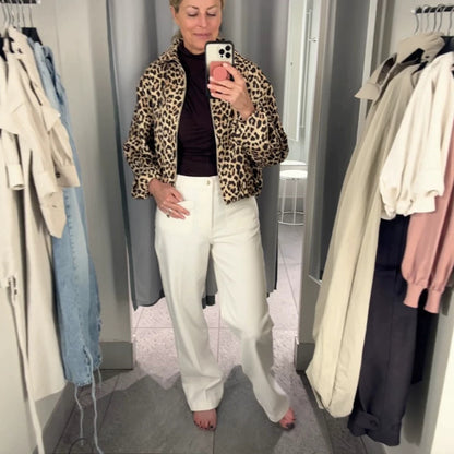 Ladies padded oversized bomber jacket with leopard print and stand-up collar EVA-US