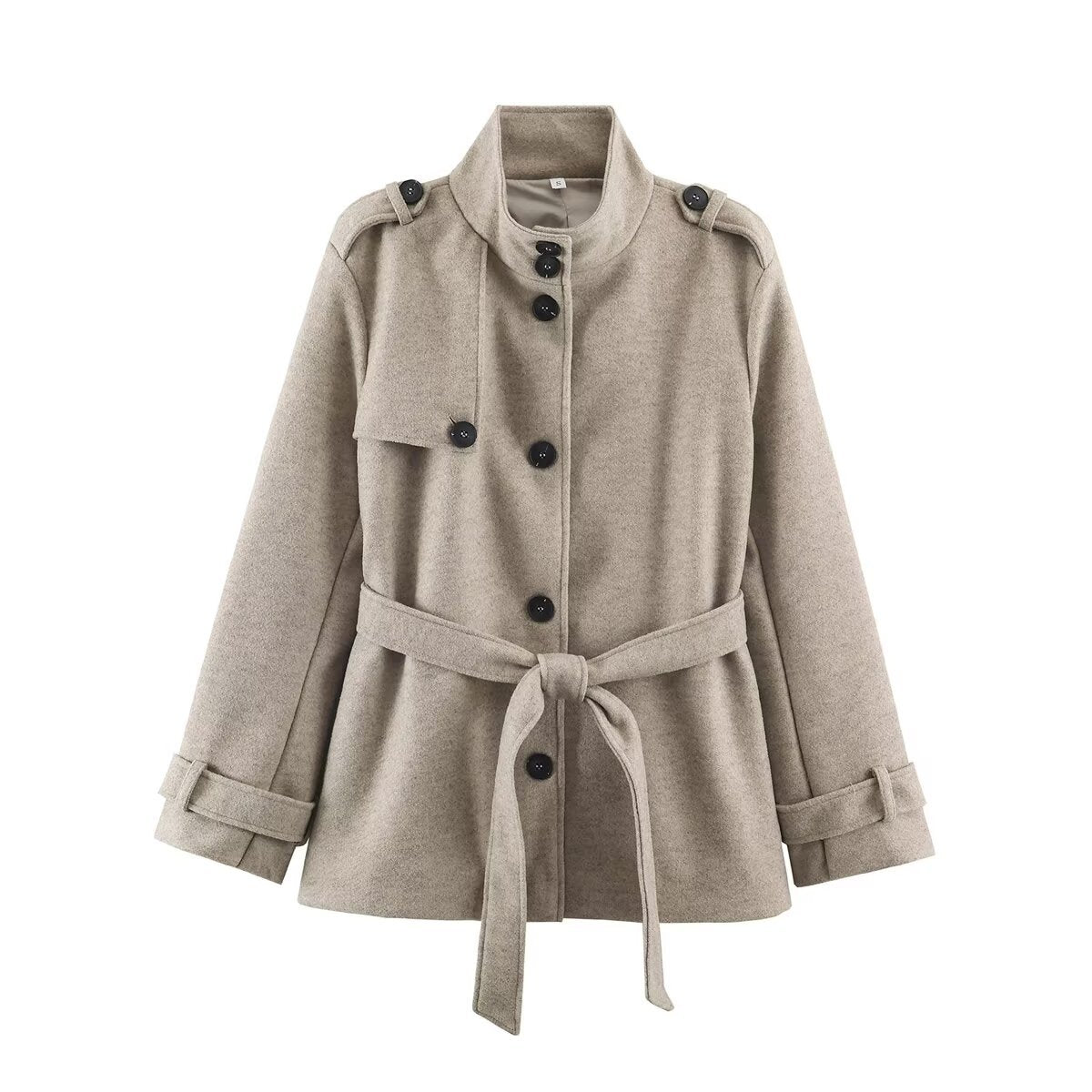 Women’s short trench coat made of wool blend with stand-up collar, epaulettes, and tie belt EVA-US