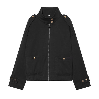 Women Cropped Utility Jacket with high collar, shoulder epaulettes and flap pockets